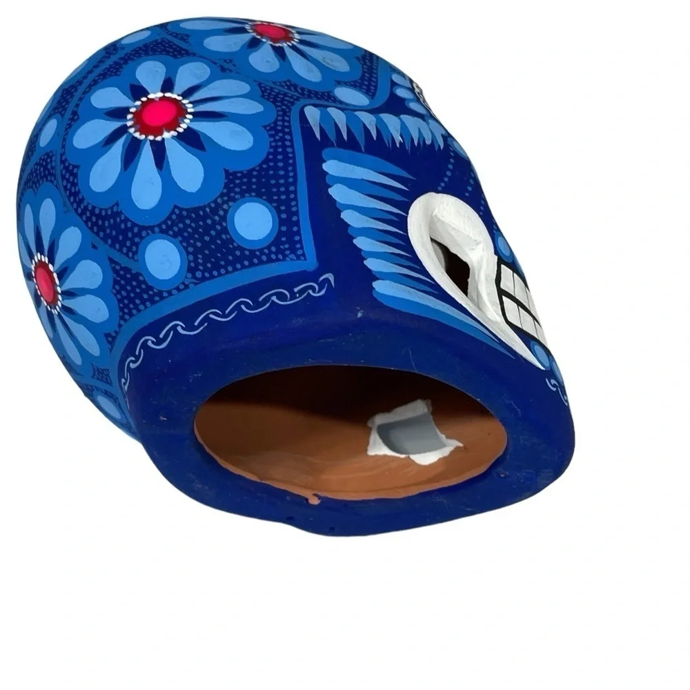 Mexican Clay Skull Hand painted Blue white New